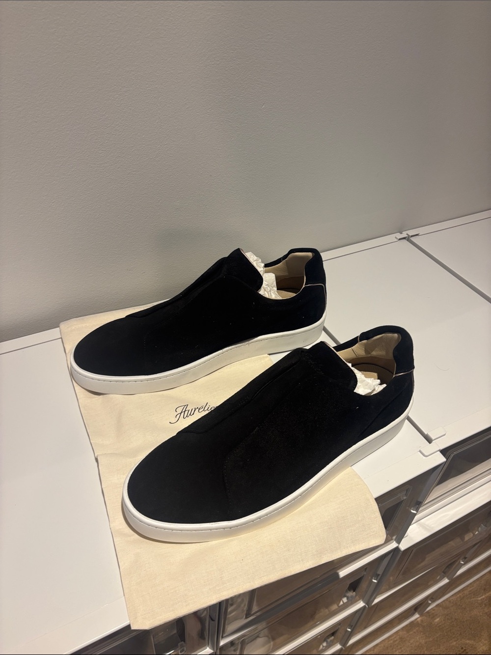 Black Suede Slip-On Sneakers with White Sole - Unbranded